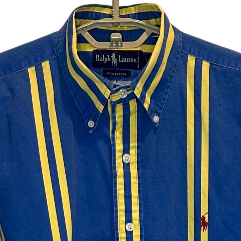 Ralph Lauren Striped Button Down Shirt Large Mens Blue Yellow Vintage Logo